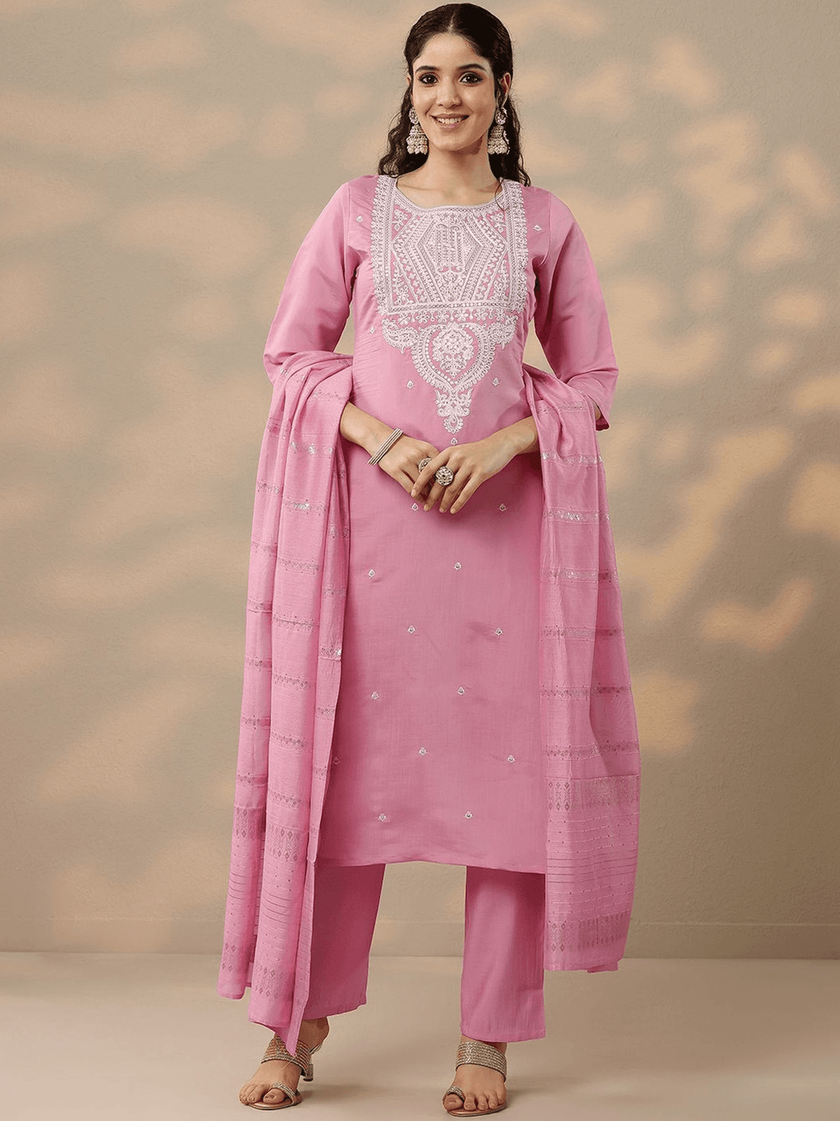 Elegant Indian kurta online in pink with intricate embroidery and matching dupatta from Aromie