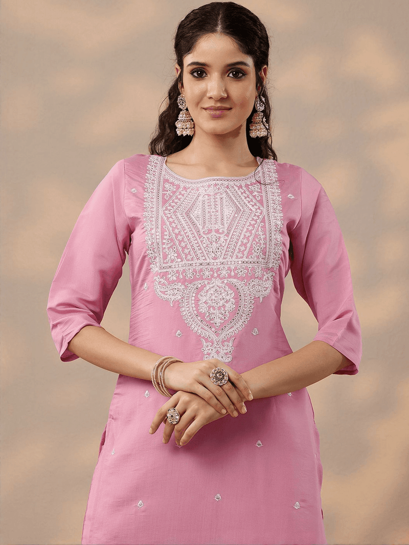 Elegant Indian kurta online in soft pink with intricate embroidery and three-quarter sleeves