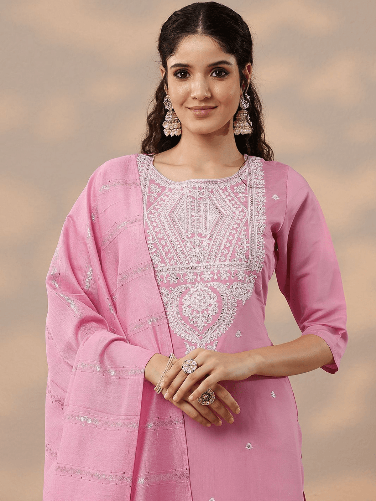 Elegant Indian kurta online in pink with intricate embroidery and matching dupatta for stylish occasions