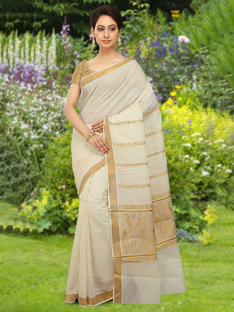 Elegant organza saree for women by aromie in cream with gold border worn outdoors