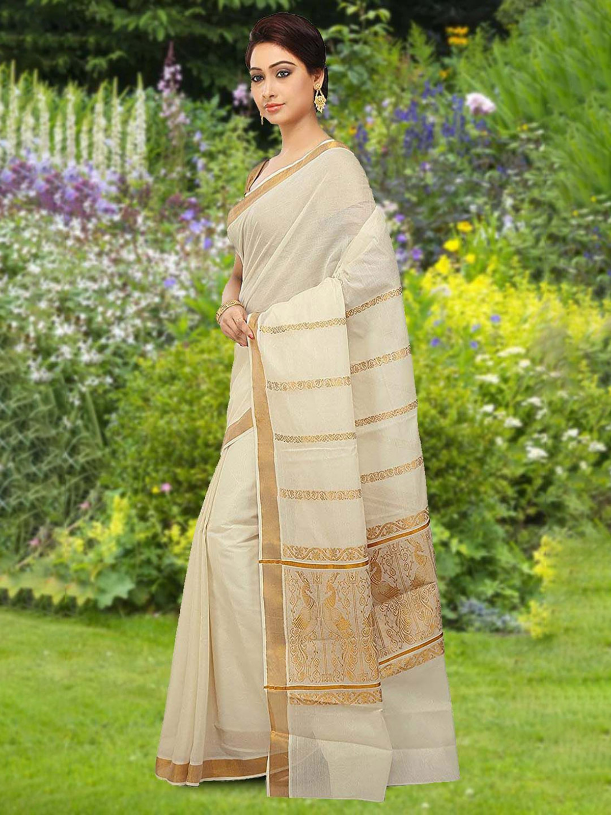 aromie elegant organza saree for women in beige with gold border worn by model in garden
