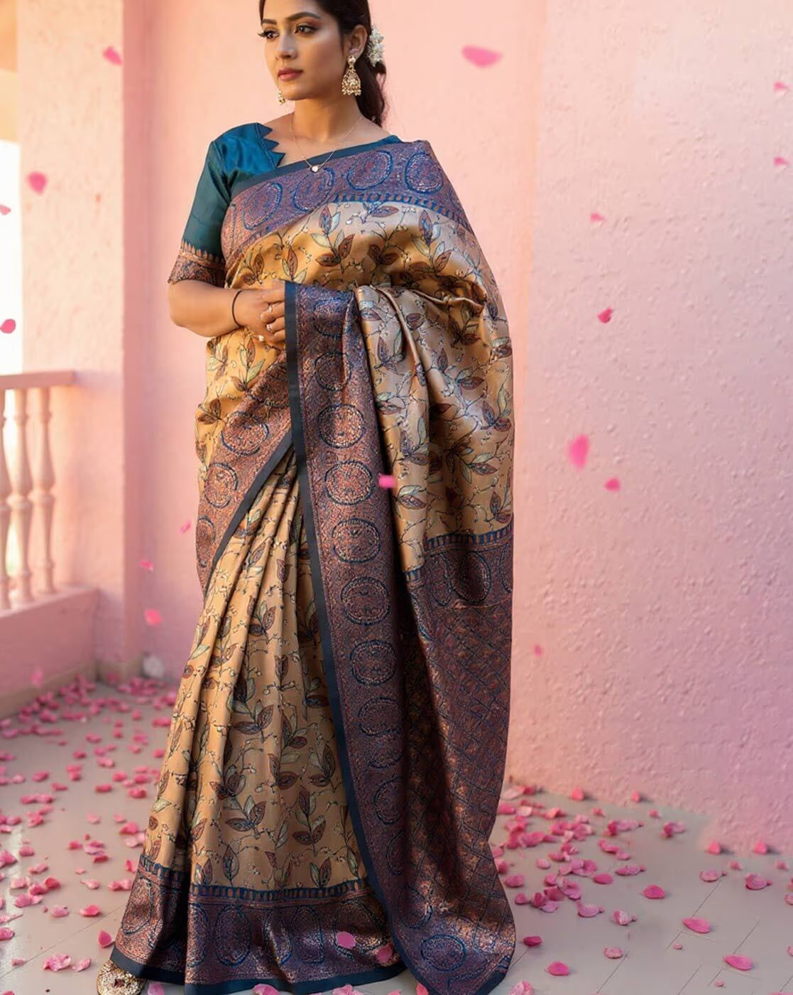 Elegant organza saree for women featuring intricate floral patterns and rich colors, perfect for special occasions
