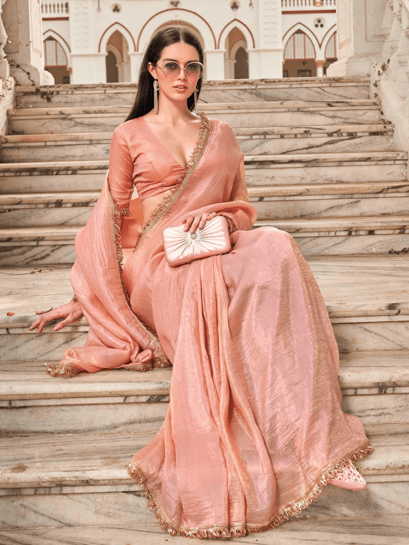Elegant Organza Saree with Solid/Plain Pattern – Unstitched Blouse Included - aromie