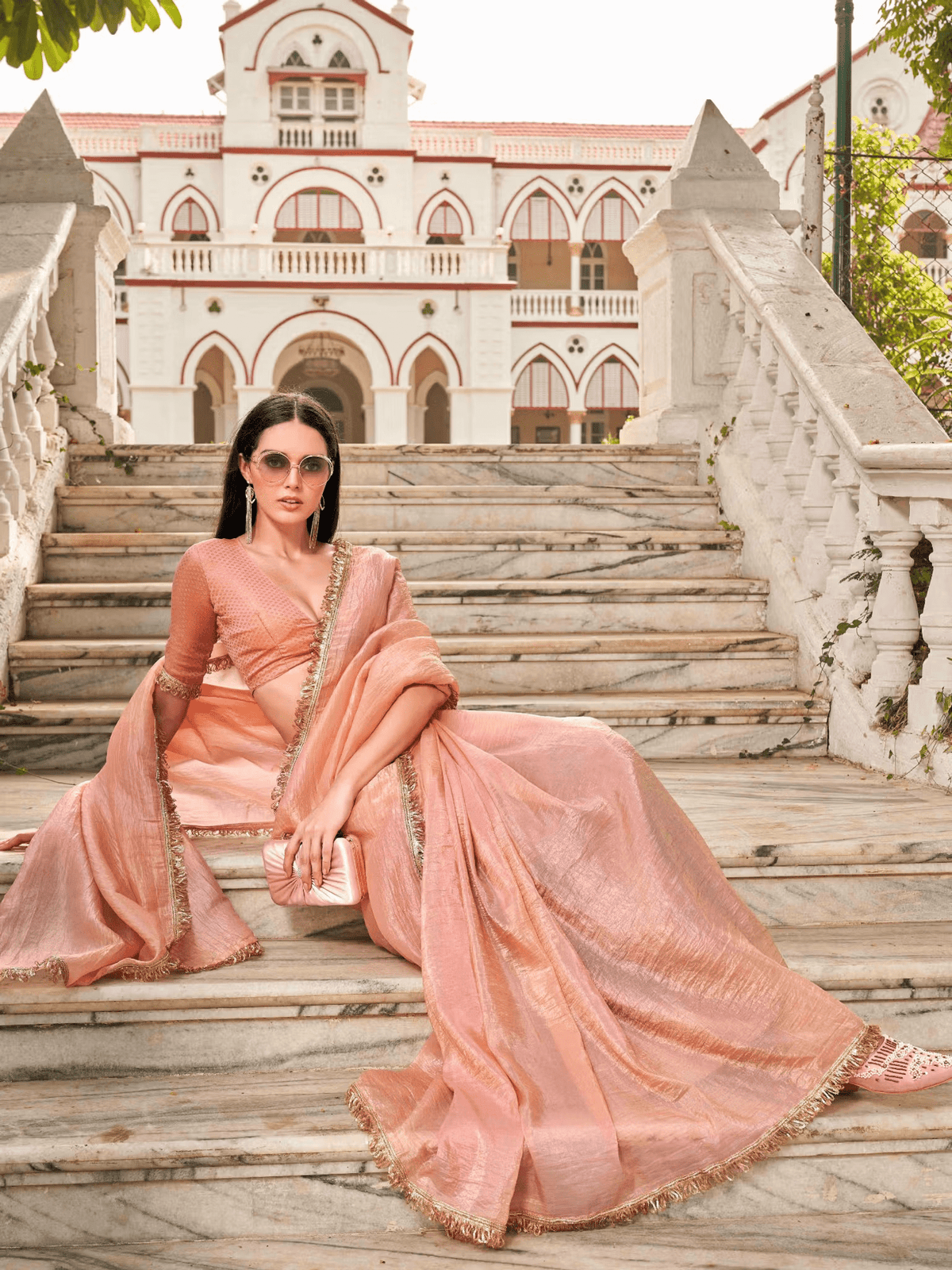 Elegant Organza Saree with Solid/Plain Pattern – Unstitched Blouse Included - aromie