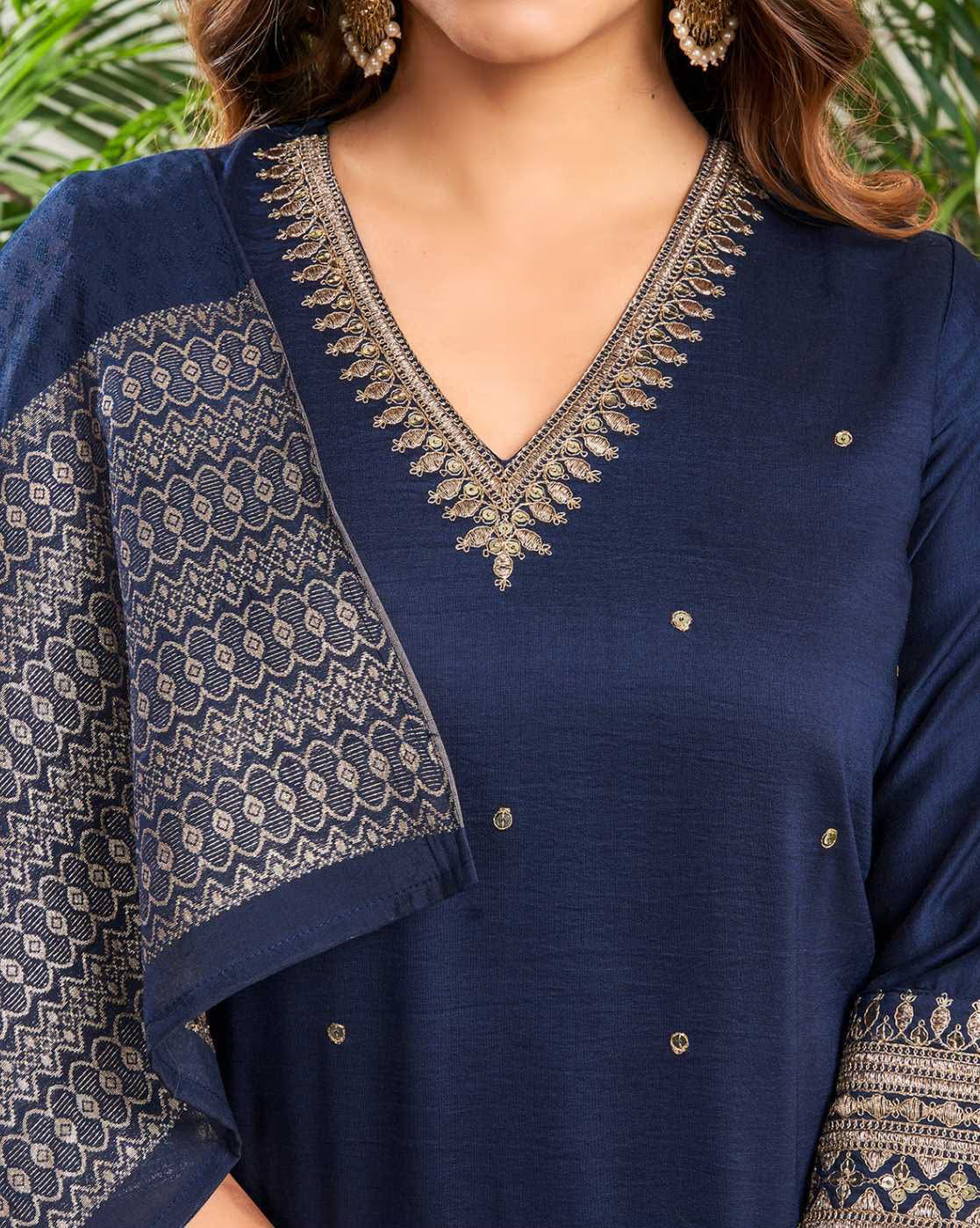 Aromie sequined embroidered kurta suit set in navy with intricate neckline and beautiful sleeves