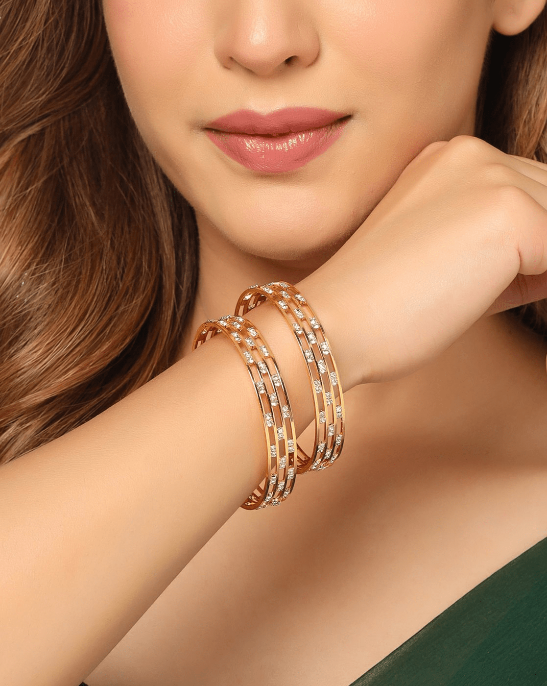 Elegant Set of 2 CZ Studded Brass Bangles – Lightweight Traditional Jewellery for Women - aromie