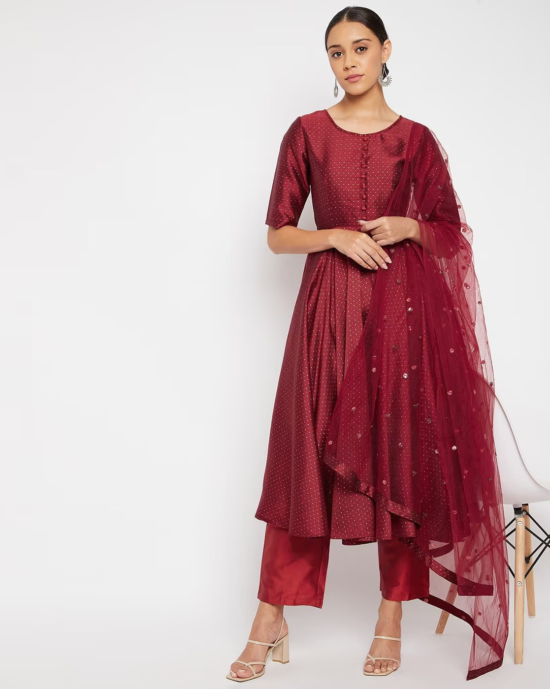 Embellished Anarkali kurta set Canada in rich burgundy with a stylish dupatta and pant combination