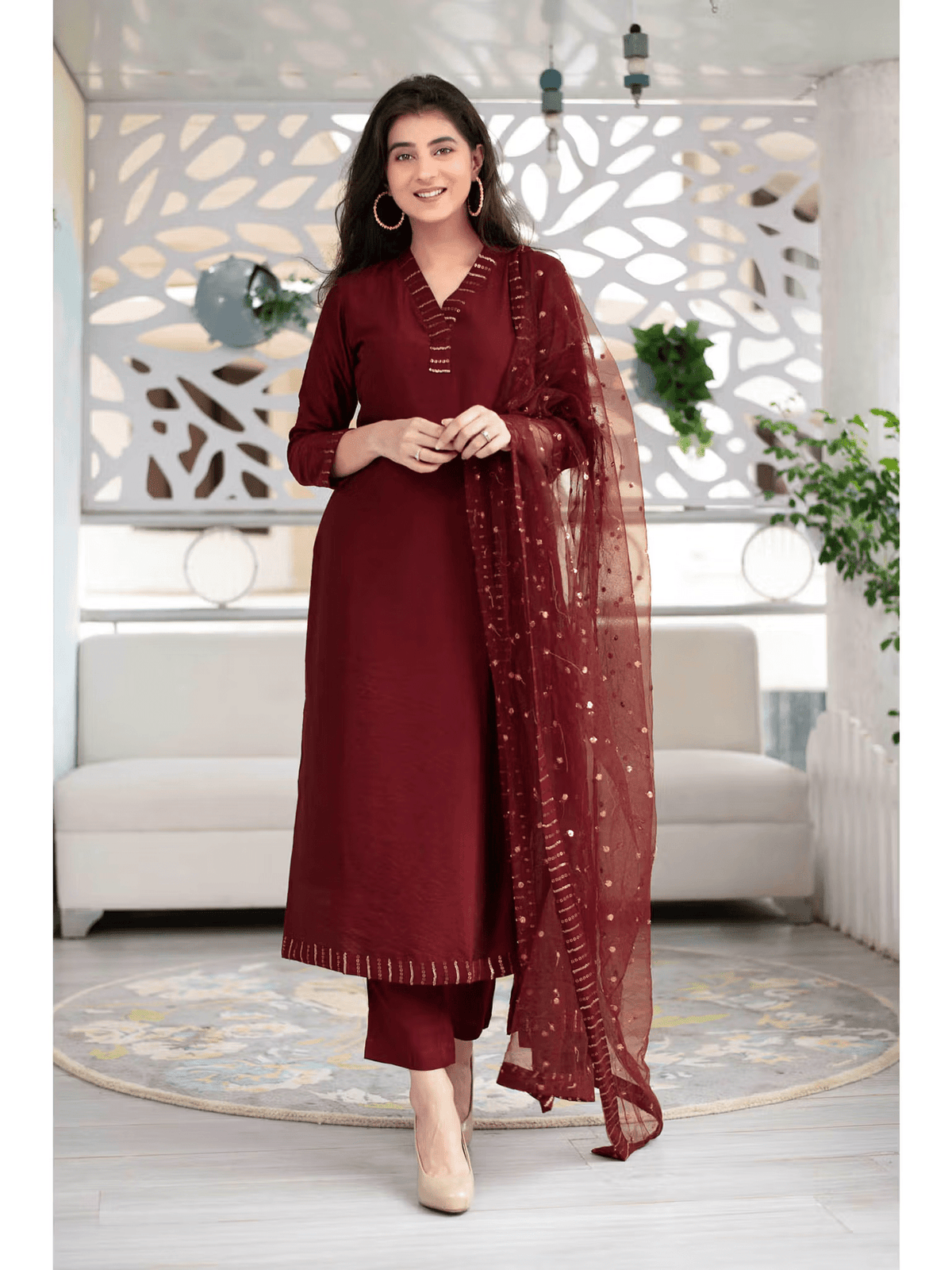 Embellished Chanderi Kurta and Pant Set with Dupatta - aromie