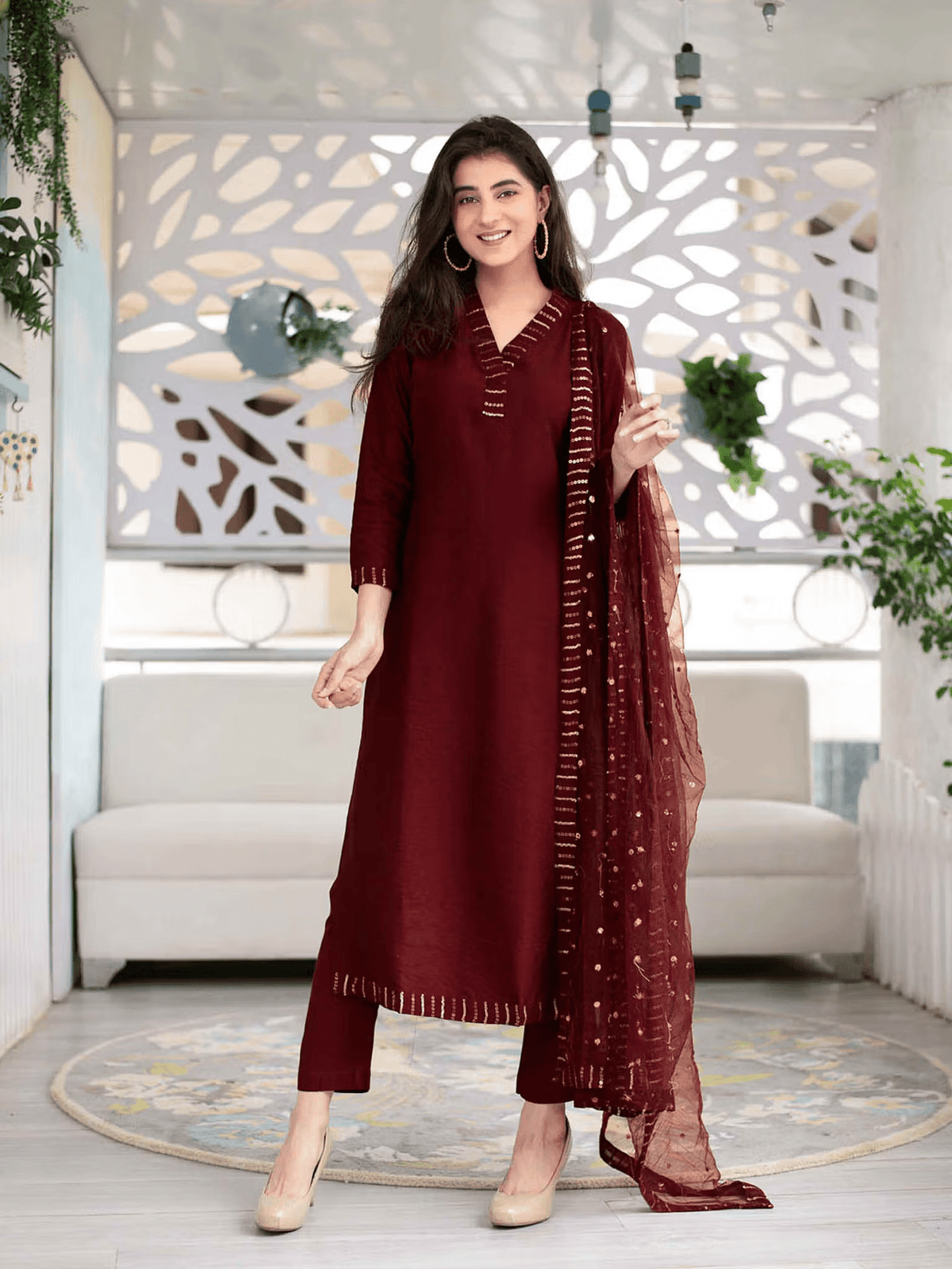 Embellished Chanderi Kurta and Pant Set with Dupatta - aromie