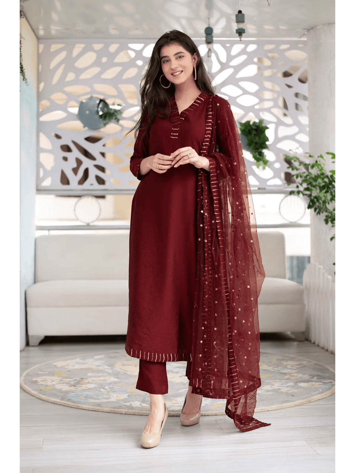 Embellished Chanderi Kurta and Pant Set with Dupatta - aromie