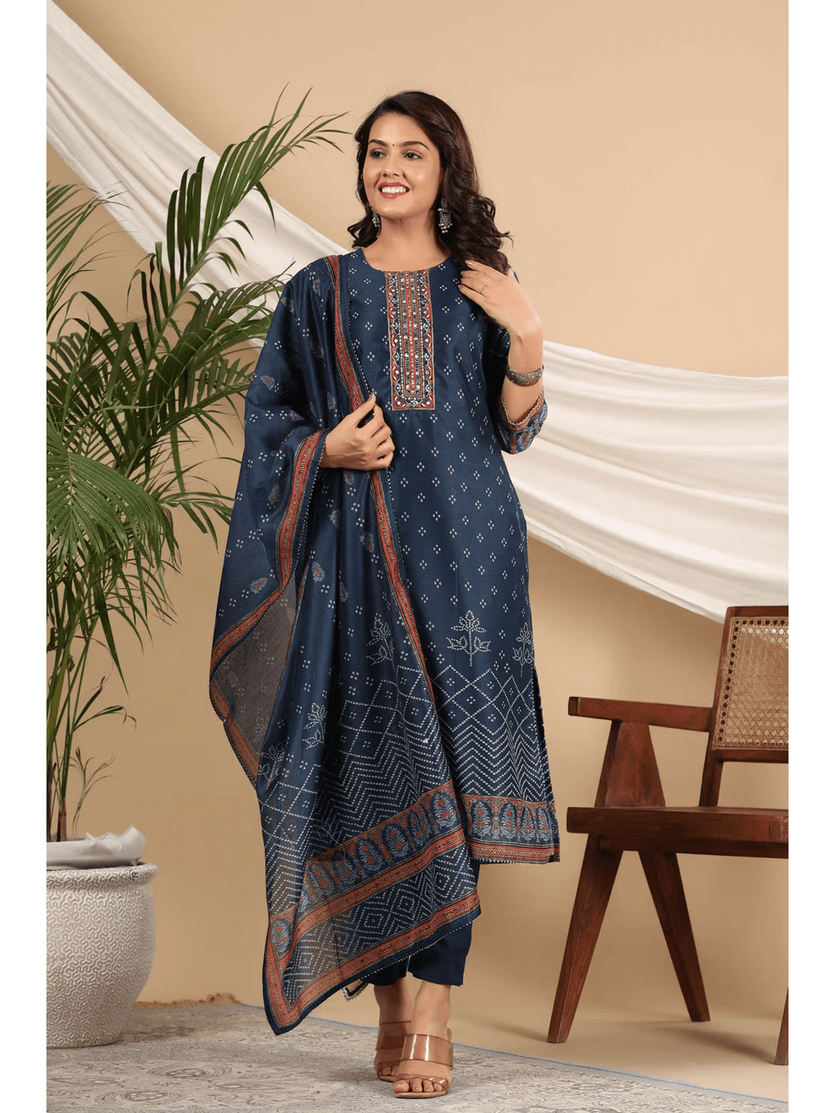 Embellished Chanderi Straight Kurta Set with Pant and Dupatta – Semi - Casual Wear for Women - aromie