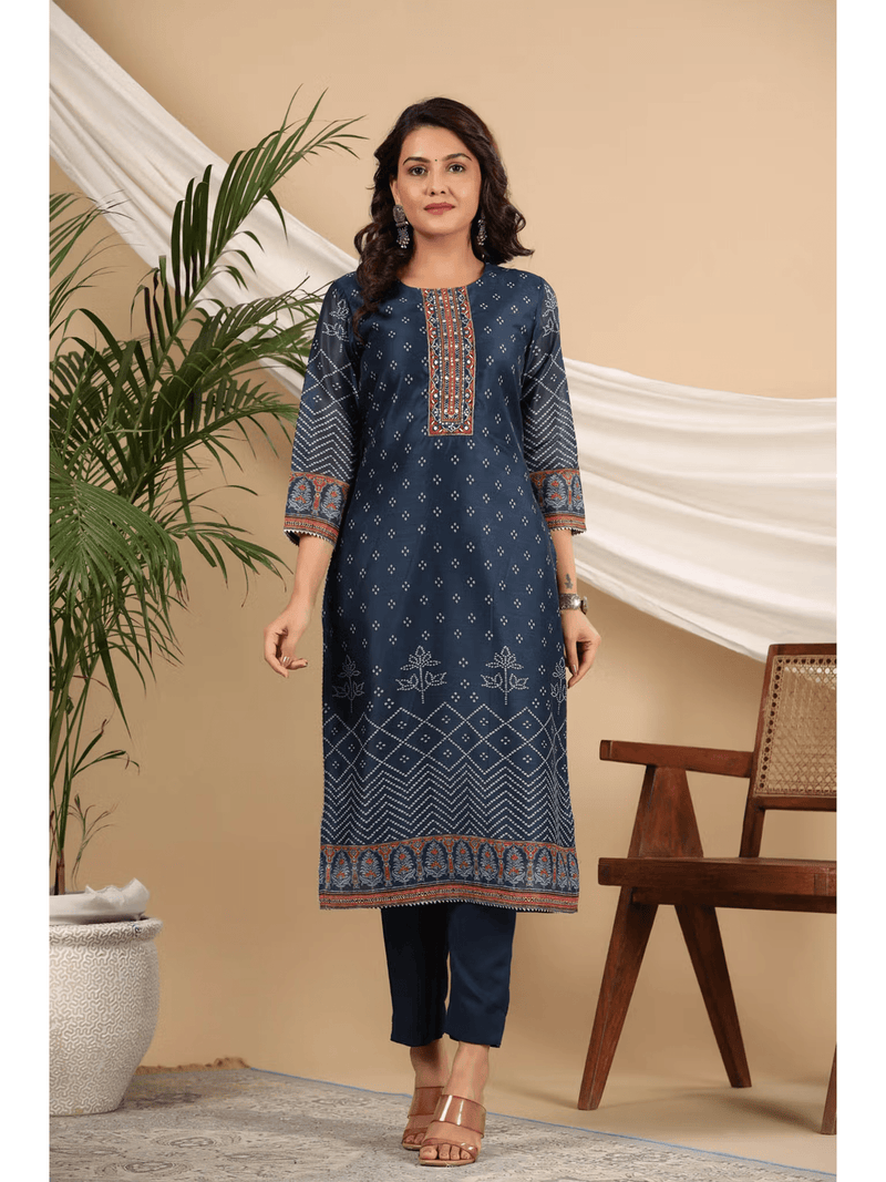 Embellished Chanderi Straight Kurta Set with Pant and Dupatta – Semi - Casual Wear for Women - aromie