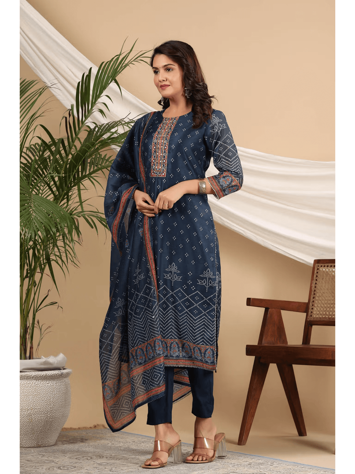 Embellished Chanderi Straight Kurta Set with Pant and Dupatta – Semi - Casual Wear for Women - aromie