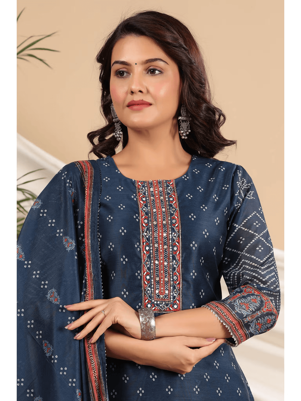 Embellished Chanderi Straight Kurta Set with Pant and Dupatta – Semi - Casual Wear for Women - aromie