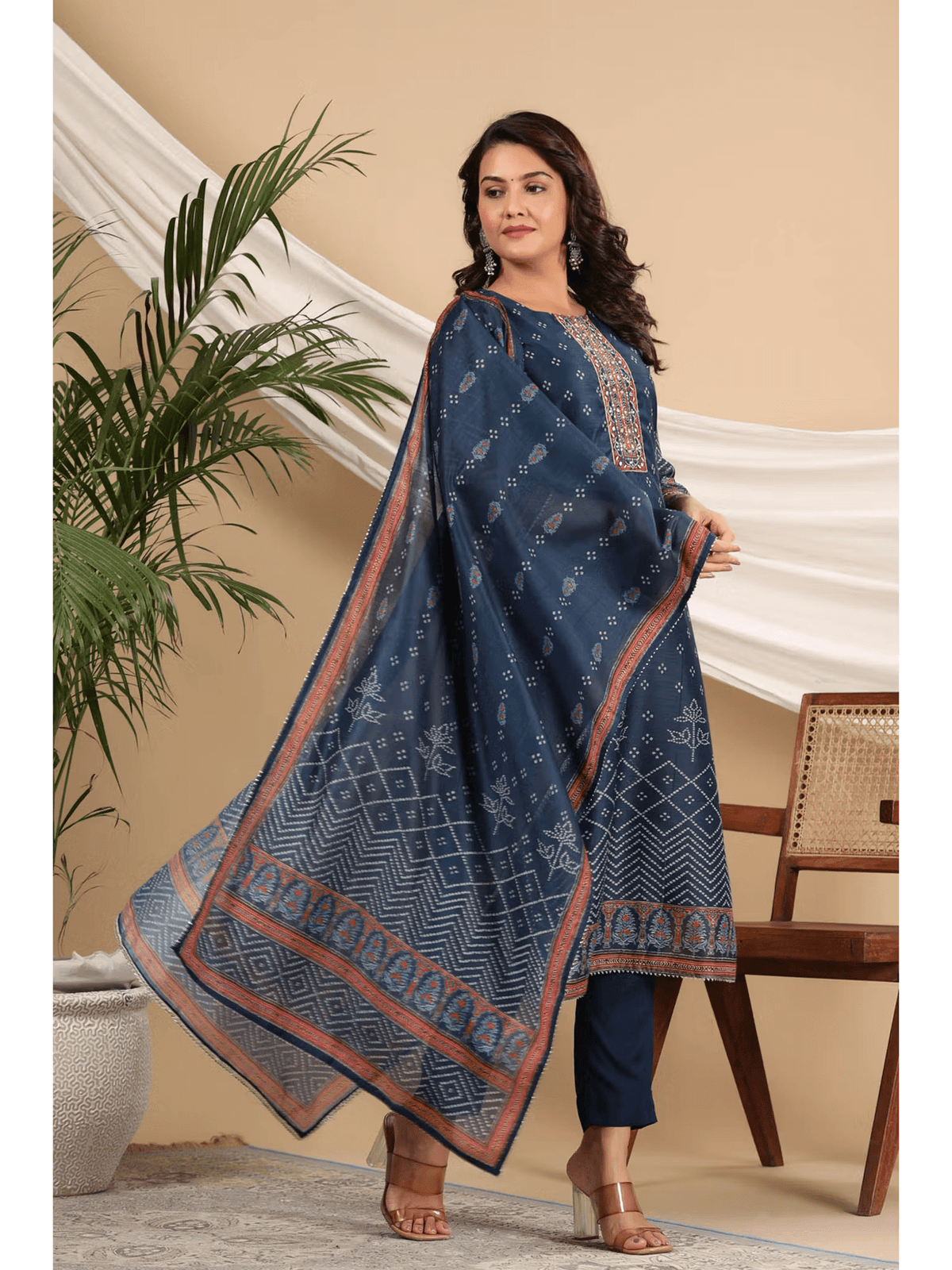 Embellished Chanderi Straight Kurta Set with Pant and Dupatta – Semi - Casual Wear for Women - aromie