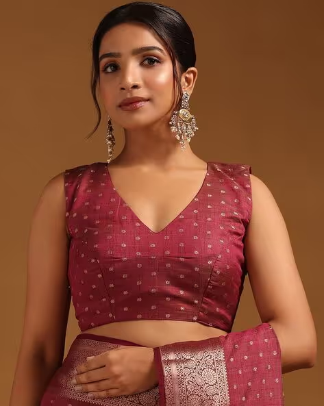 Front view of a maroon georgette saree Canda with embellished blouse, perfect for festive occasions