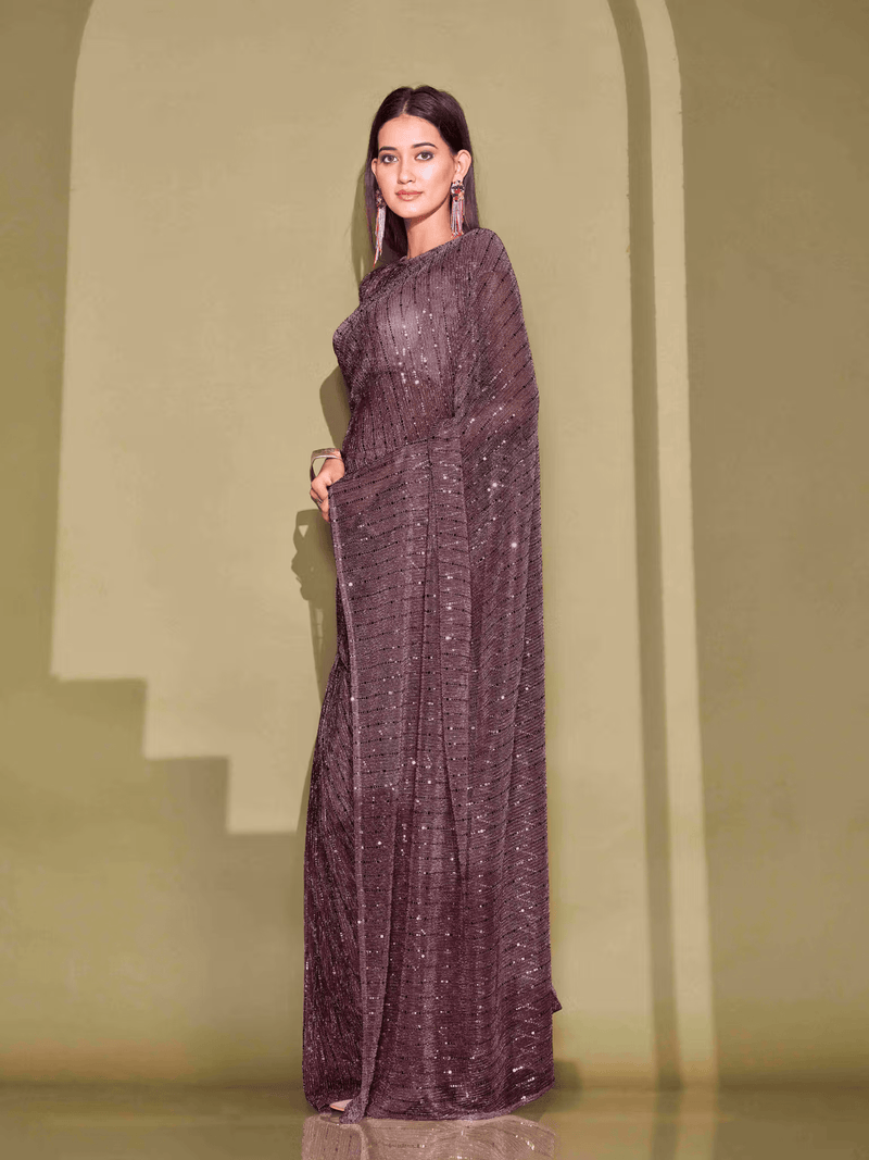 Embellished Lycra Saree for Parties | Stretchable Indian Saree with Blouse Canada - aromie