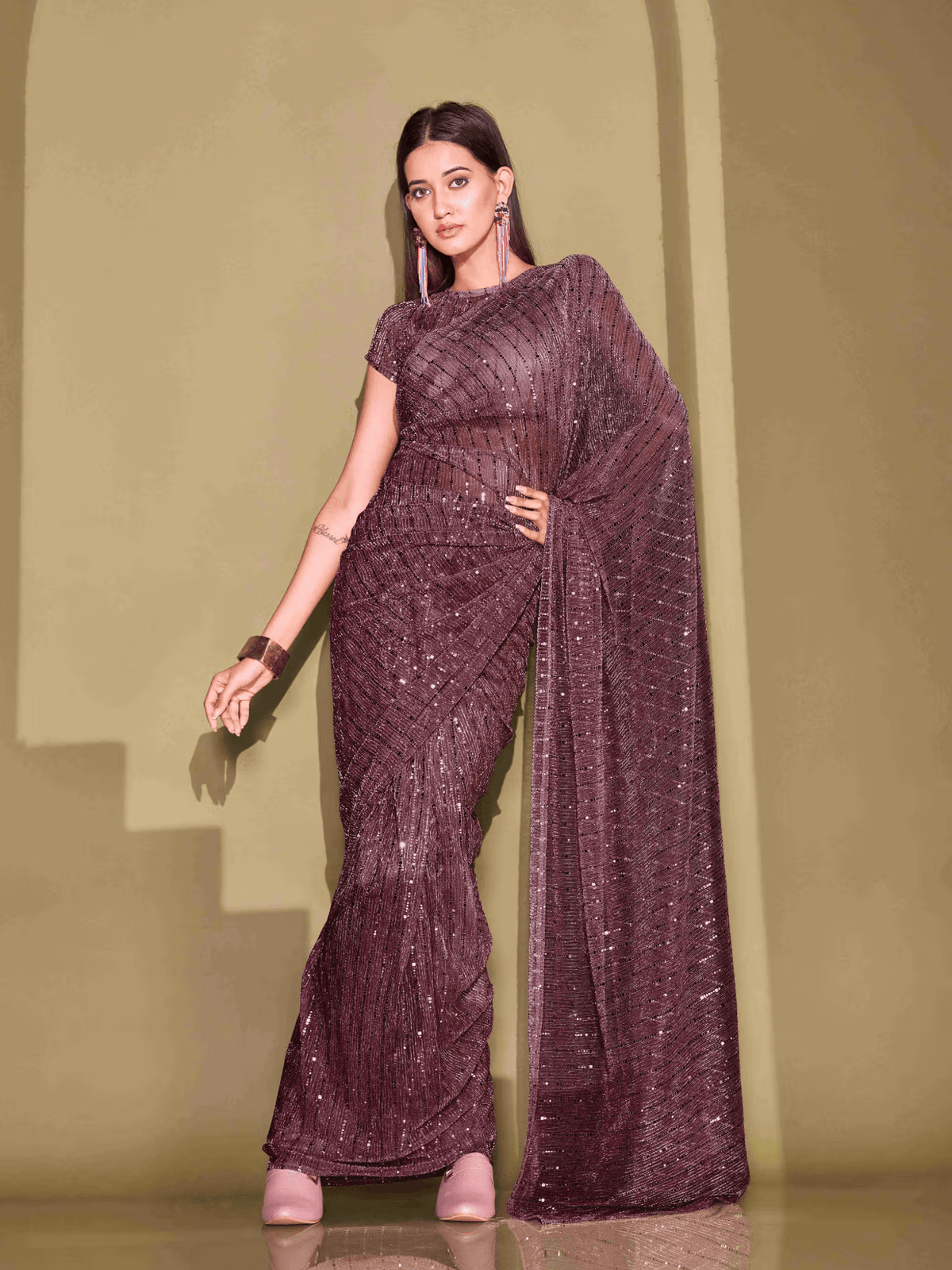 Embellished Lycra Saree for Parties | Stretchable Indian Saree with Blouse Canada - aromie
