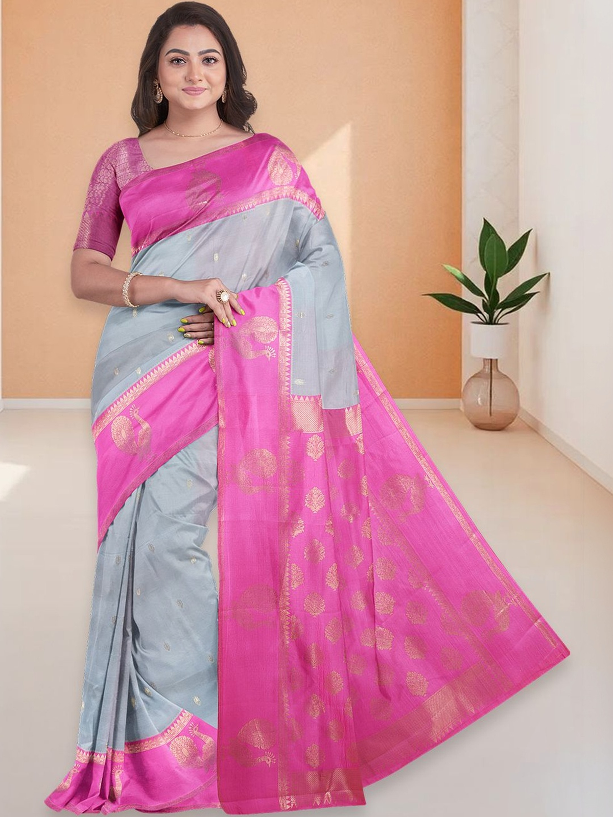 Front view of a blue and pink embellished saree online, made of soft fabric, perfect for weddings and festive events.