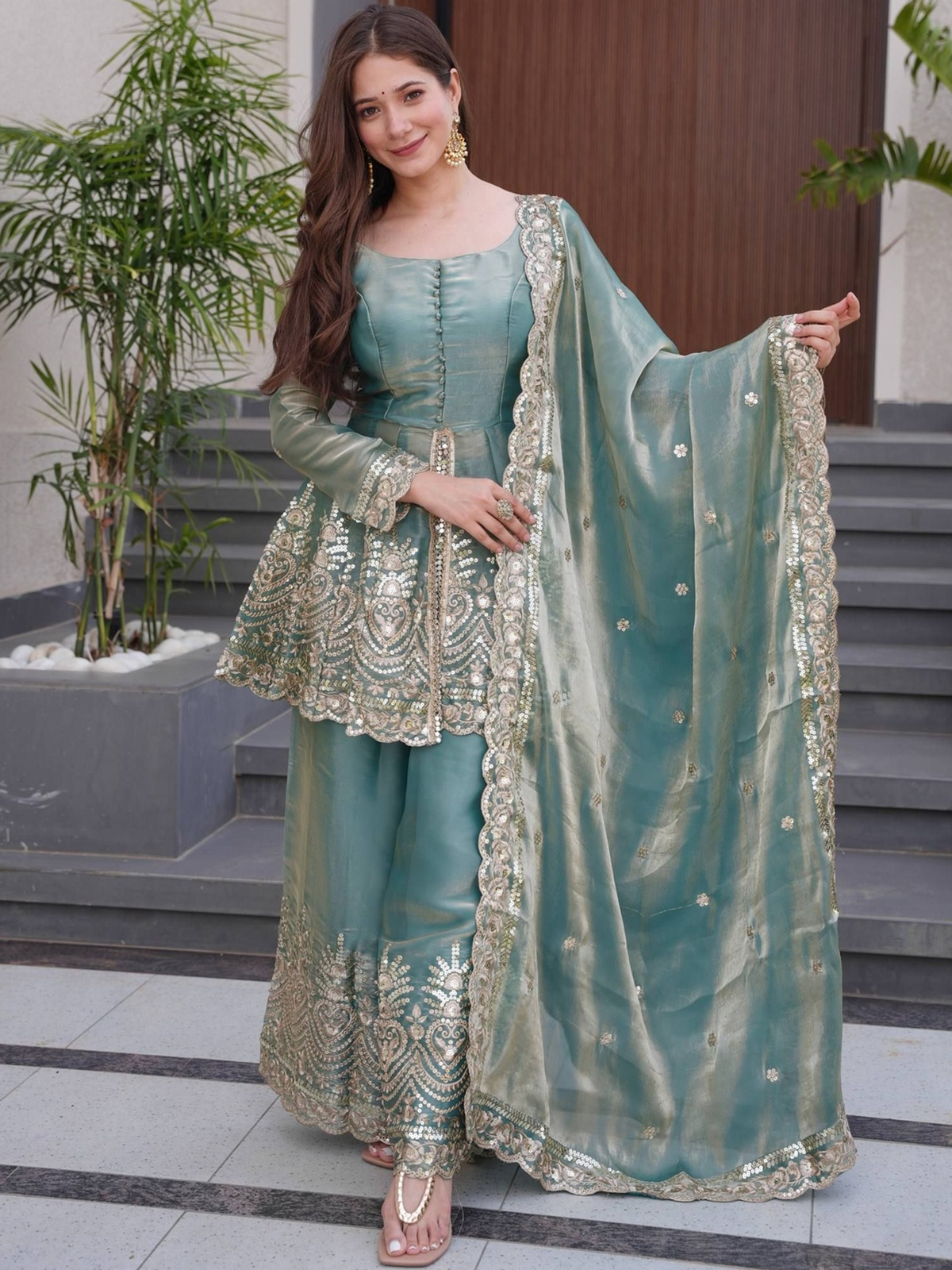 Aromie Embroidered Anarkali Kurta Canada in teal with intricate embroidery and a matching dupatta
