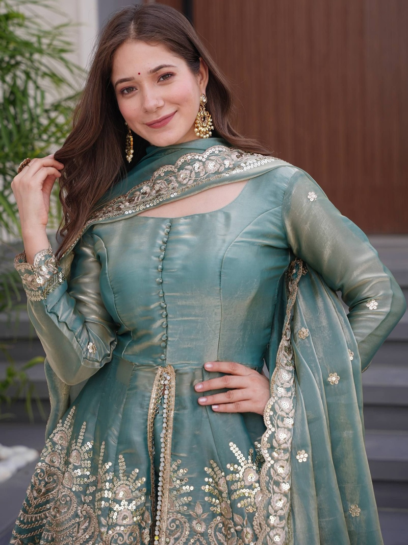 Embroidered Anarkali Kurta Canada in teal with intricate floral designs and matching dupatta