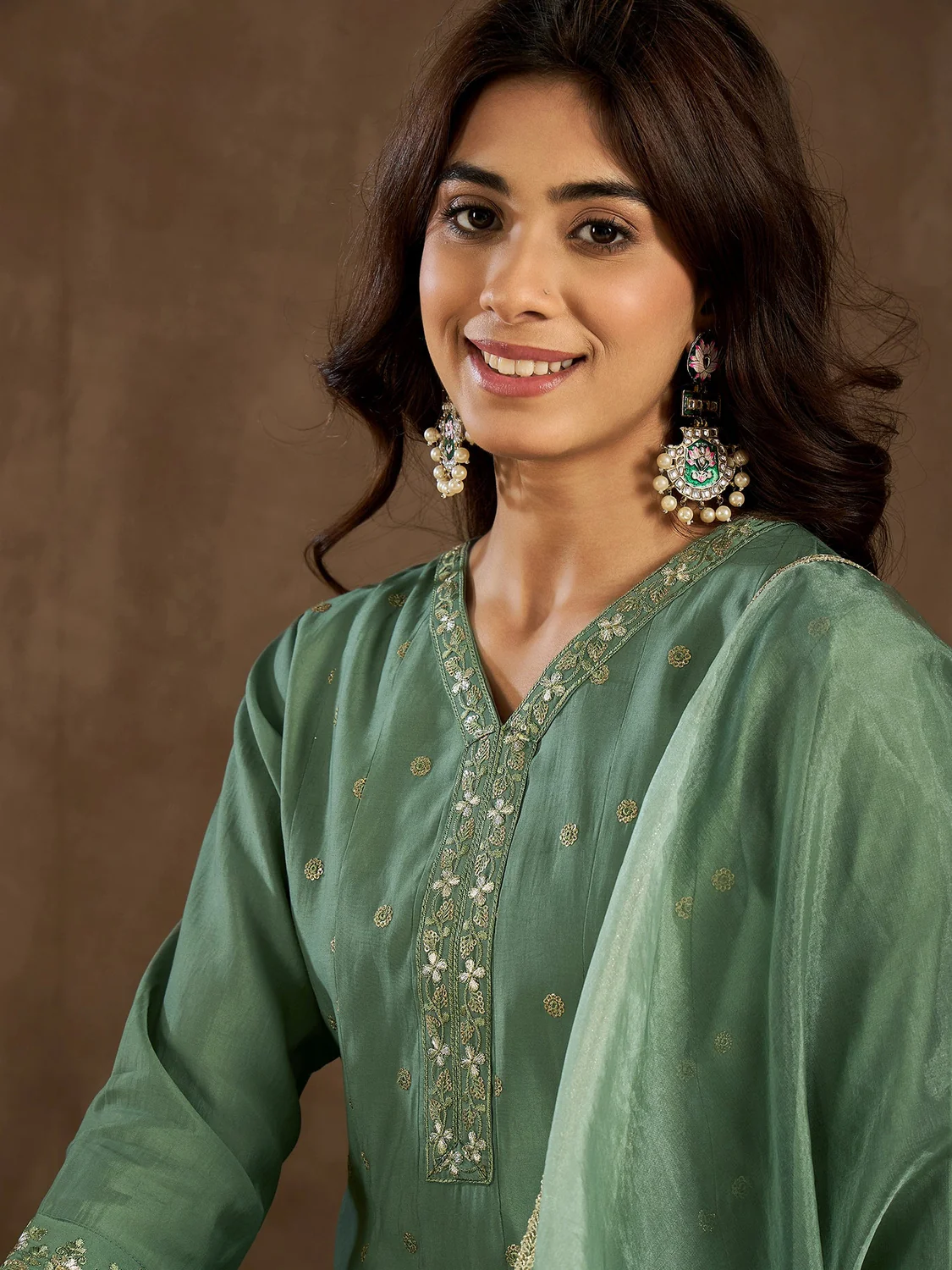 Green embroidered Anarkali Kurta by Aromie with detailed front view, perfect for weddings in Canada.