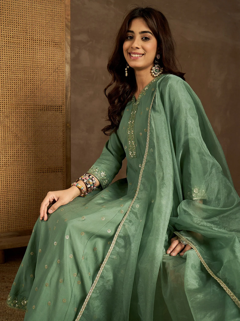 Front view of a green embroidered Anarkali Kurta from Aromie, perfect for weddings and special occasions in Canada.