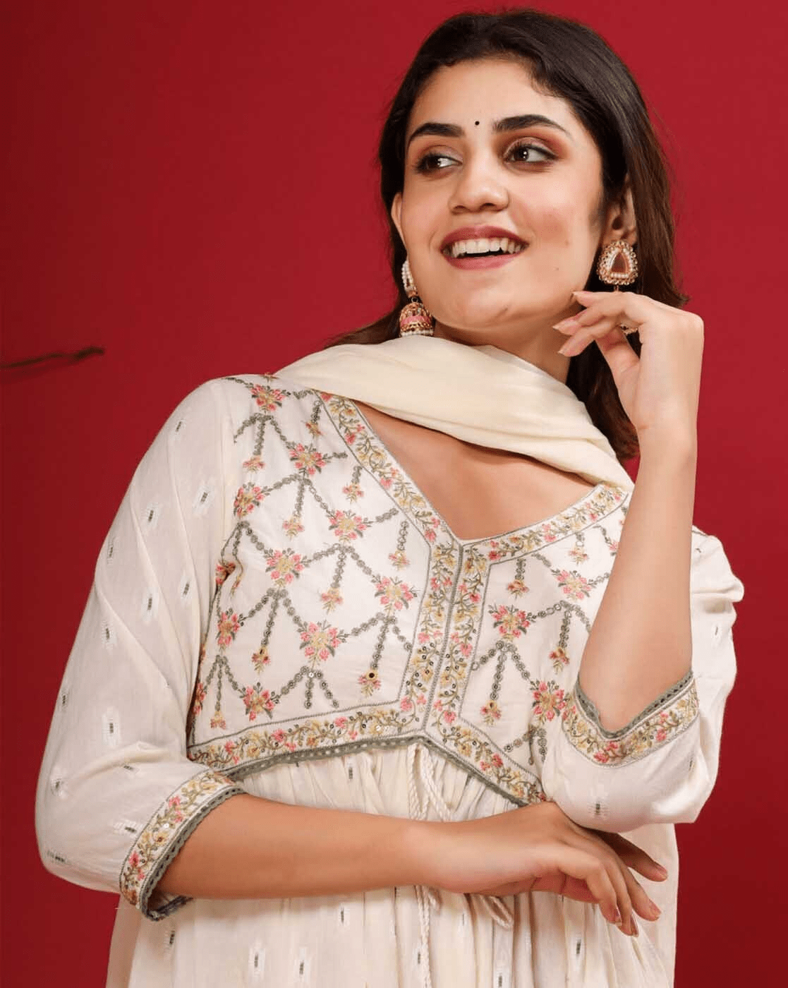 Embroidered Anarkali Kurta Palazzo Set with Dupatta – Pure Cotton with Zari & Thread Work - aromie