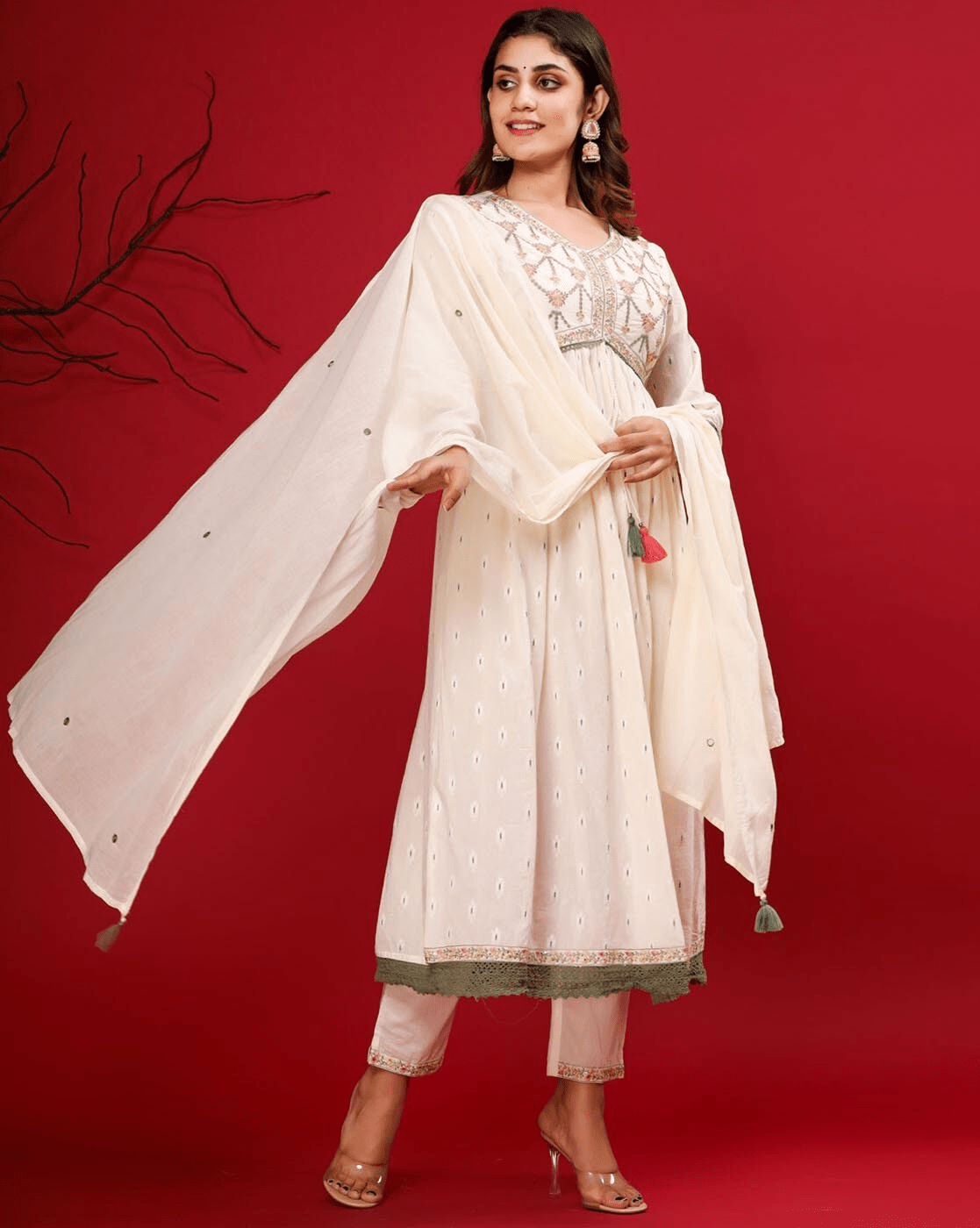 Embroidered Anarkali Kurta Palazzo Set with Dupatta – Pure Cotton with Zari & Thread Work - aromie