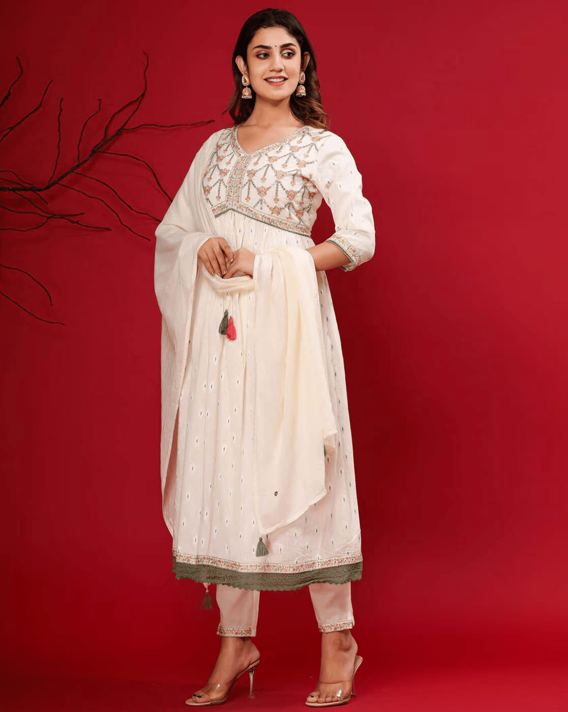 Embroidered Anarkali Kurta Palazzo Set with Dupatta – Pure Cotton with Zari & Thread Work - aromie