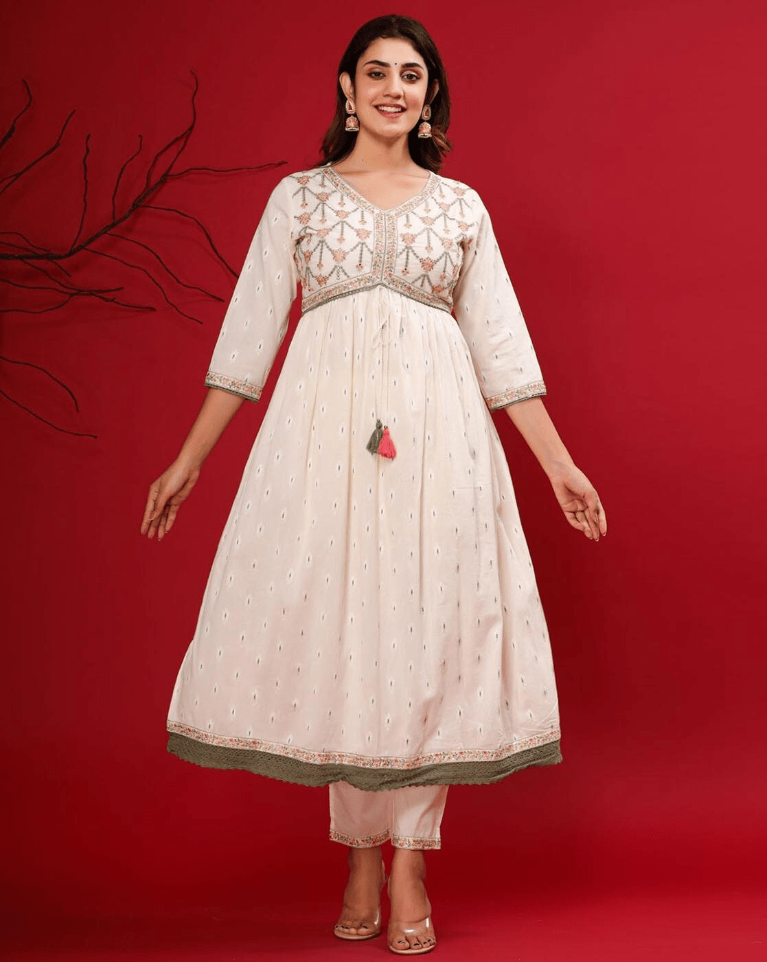 Embroidered Anarkali Kurta Palazzo Set with Dupatta – Pure Cotton with Zari & Thread Work - aromie