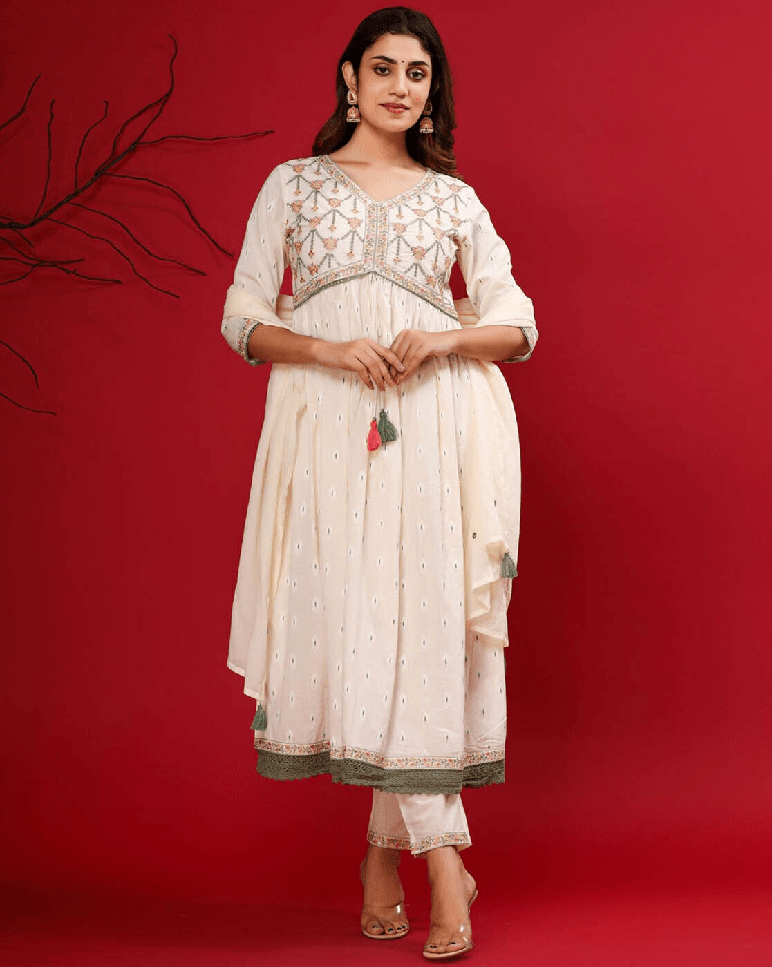 Embroidered Anarkali Kurta Palazzo Set with Dupatta – Pure Cotton with Zari & Thread Work - aromie
