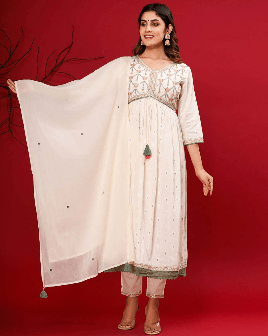 Embroidered Anarkali Kurta Palazzo Set with Dupatta – Pure Cotton with Zari & Thread Work - aromie