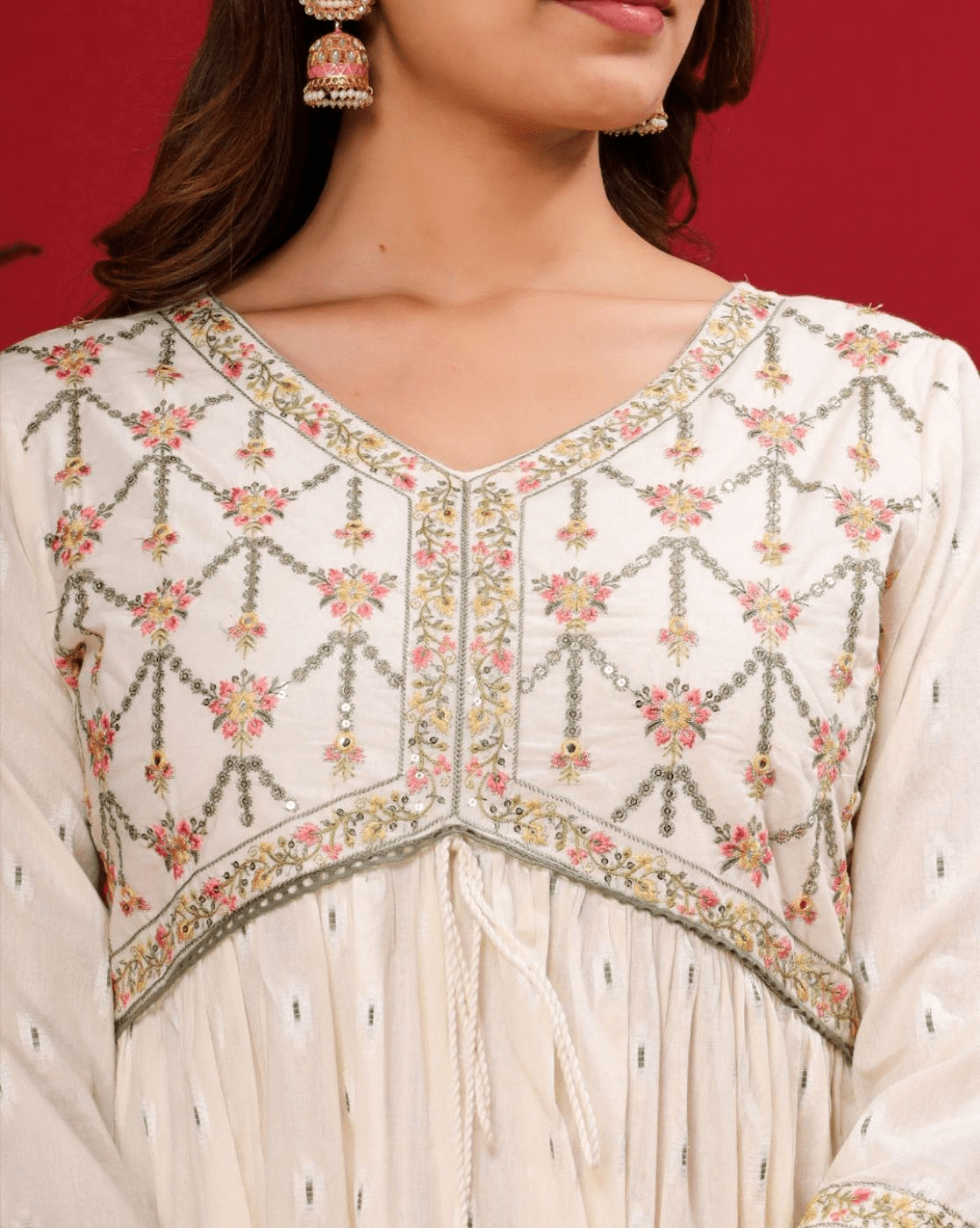 Embroidered Anarkali Kurta Palazzo Set with Dupatta – Pure Cotton with Zari & Thread Work - aromie