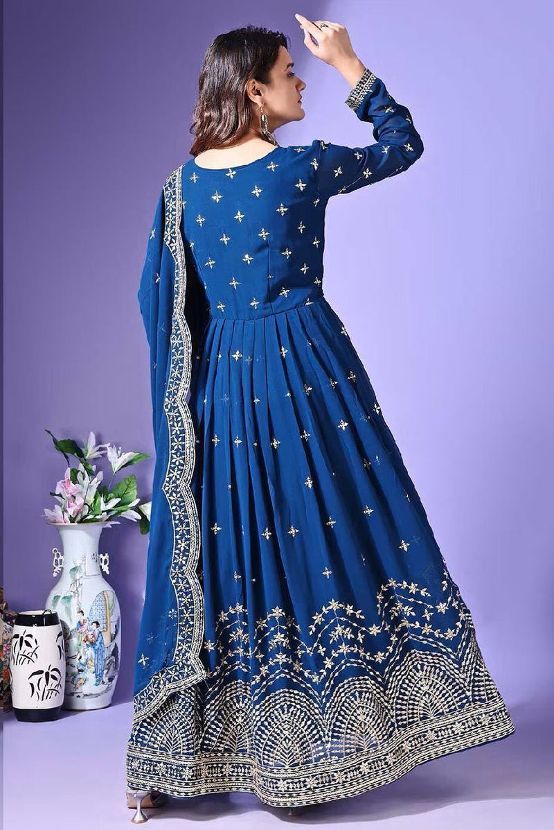 Elegant blue Embroidered Anarkali Kurta Set with intricate embroidery and a flowing design