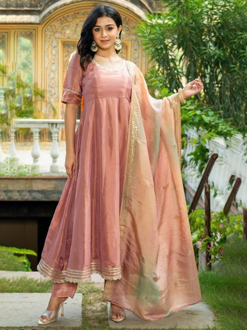 Aromie embroidered Anarkali kurta set Canada in soft pink with intricate detailing and matching dupatta