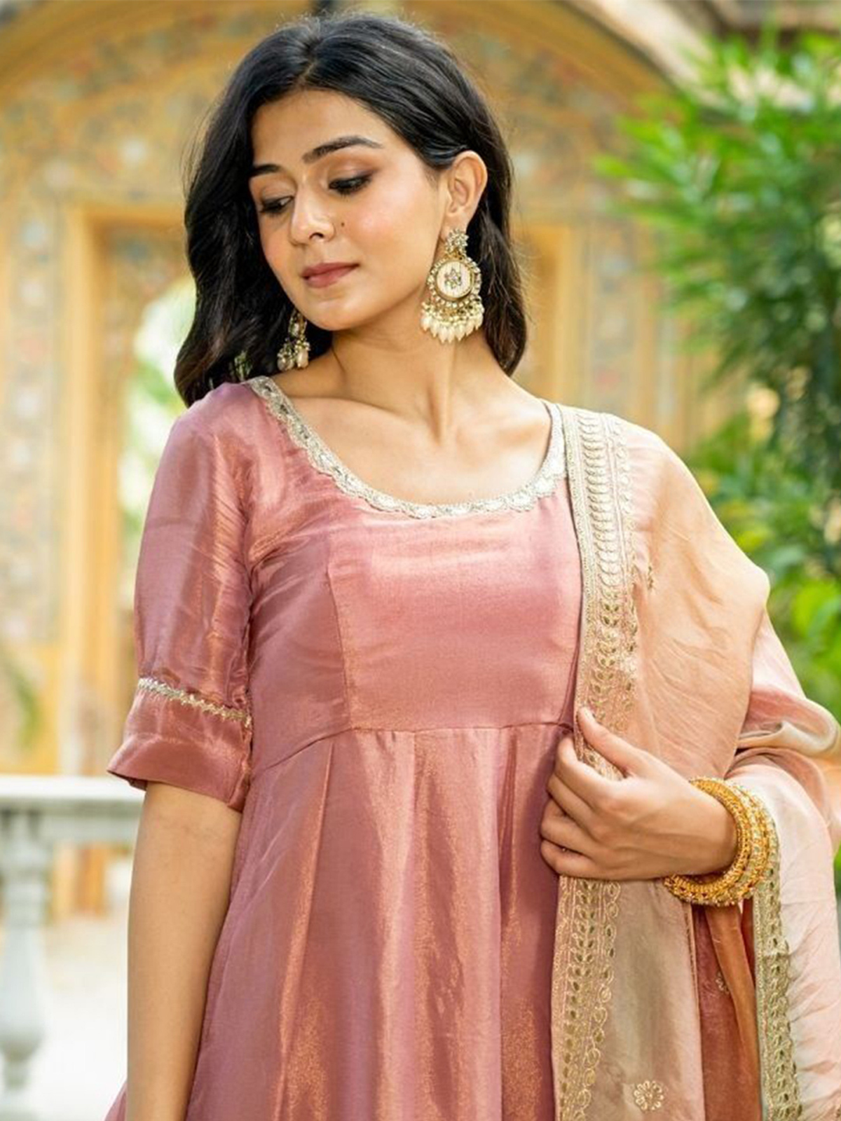 Elegant Embroidered Anarkali kurta set Canada in soft pink with intricate detailing and matching accessories