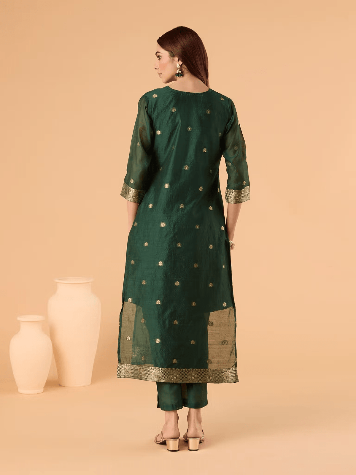 Embroidered Chanderi Brocade Kurta Set with Pants and Dupatta - aromie