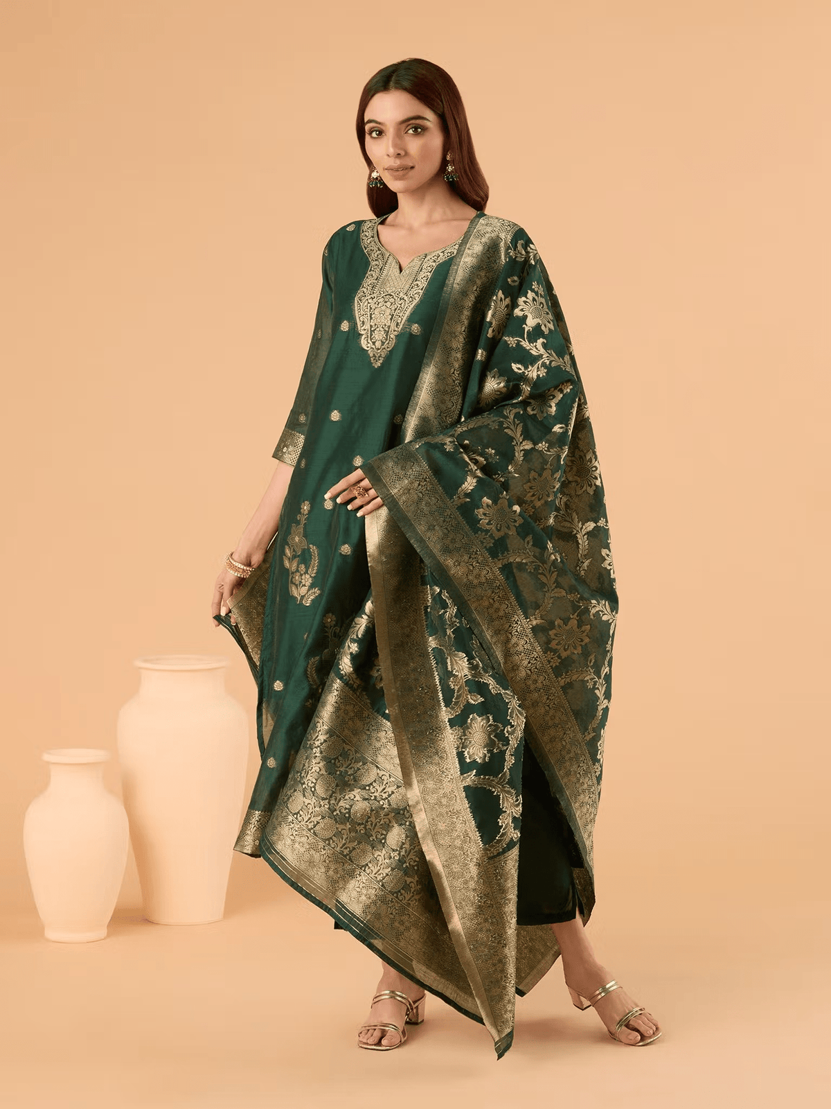 Embroidered Chanderi Brocade Kurta Set with Pants and Dupatta - aromie