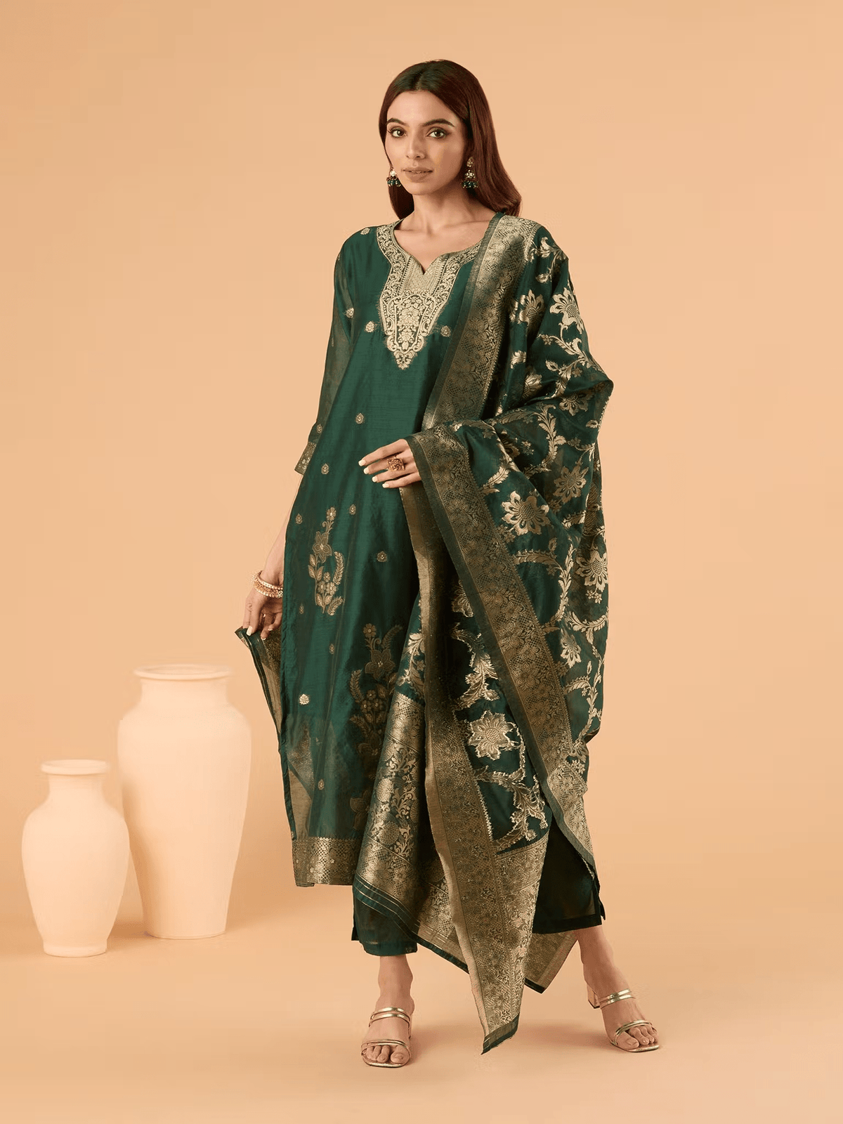 Embroidered Chanderi Brocade Kurta Set with Pants and Dupatta - aromie