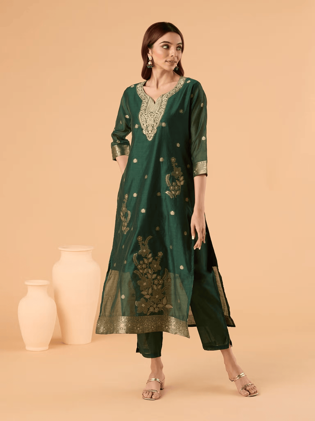 Embroidered Chanderi Brocade Kurta Set with Pants and Dupatta - aromie