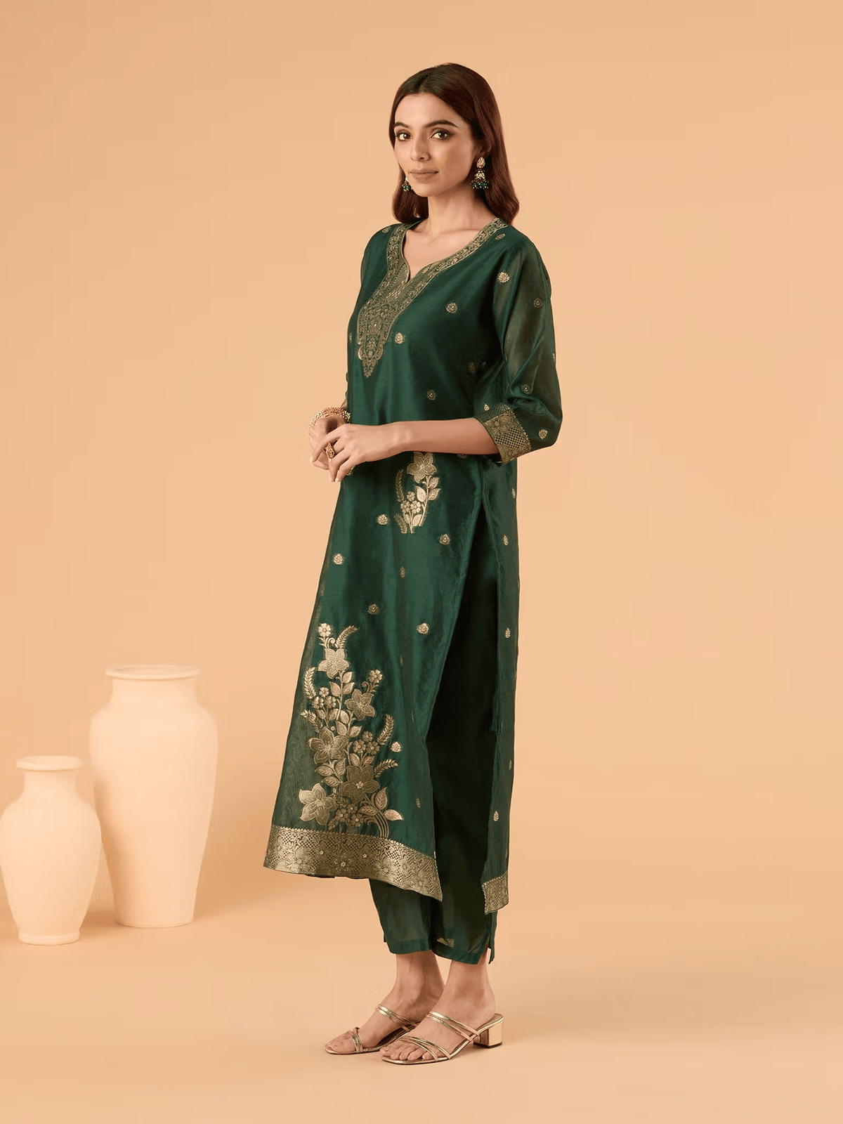 Embroidered Chanderi Brocade Kurta Set with Pants and Dupatta - aromie