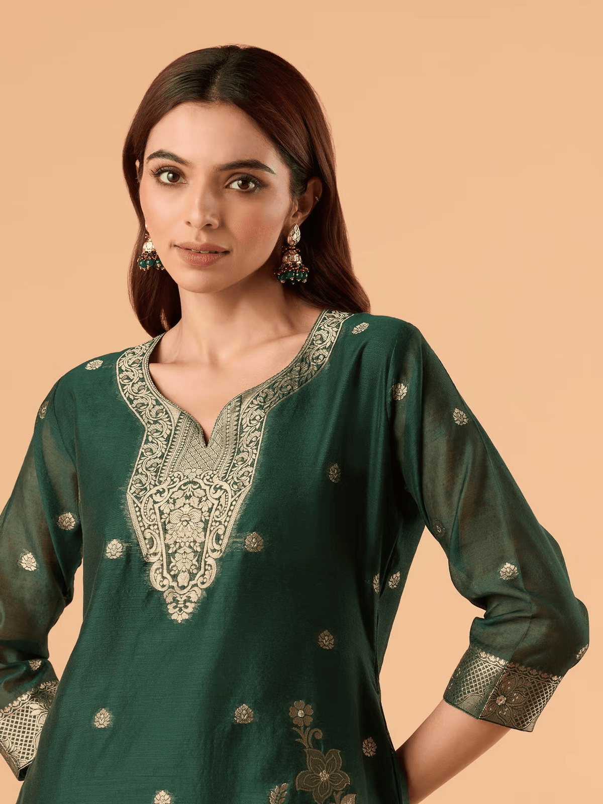Embroidered Chanderi Brocade Kurta Set with Pants and Dupatta - aromie