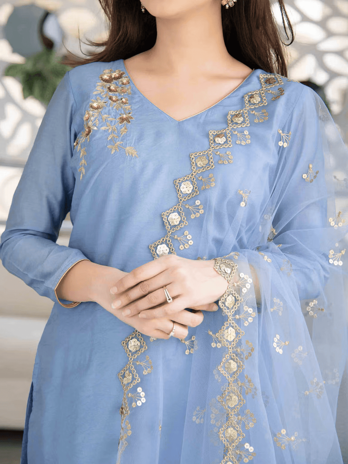 Embroidered Chanderi Kurta Pant Dupatta Set – Festive V - Neck Ethnic Outfit for Women - aromie