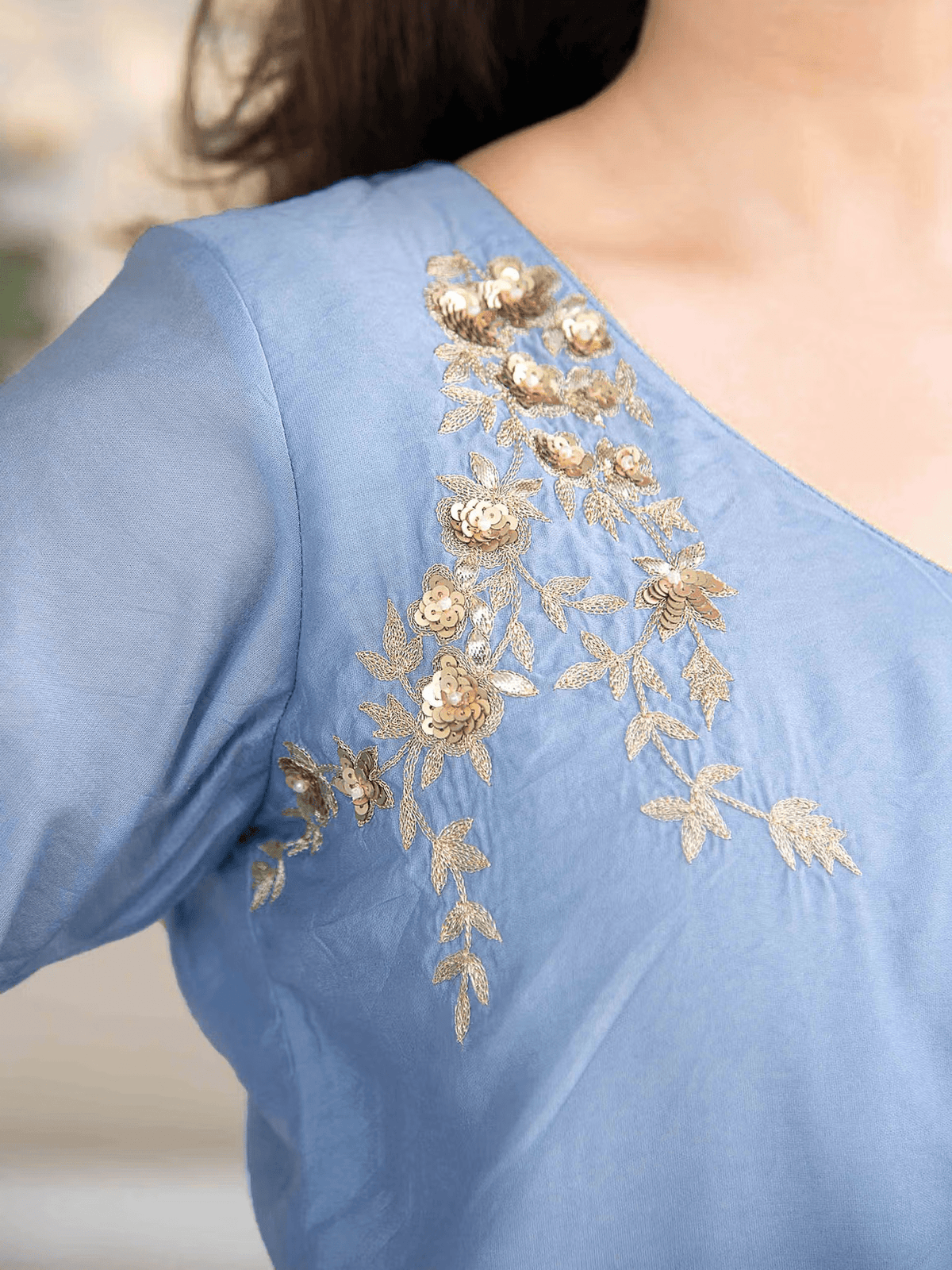 Embroidered Chanderi Kurta Pant Dupatta Set – Festive V - Neck Ethnic Outfit for Women - aromie