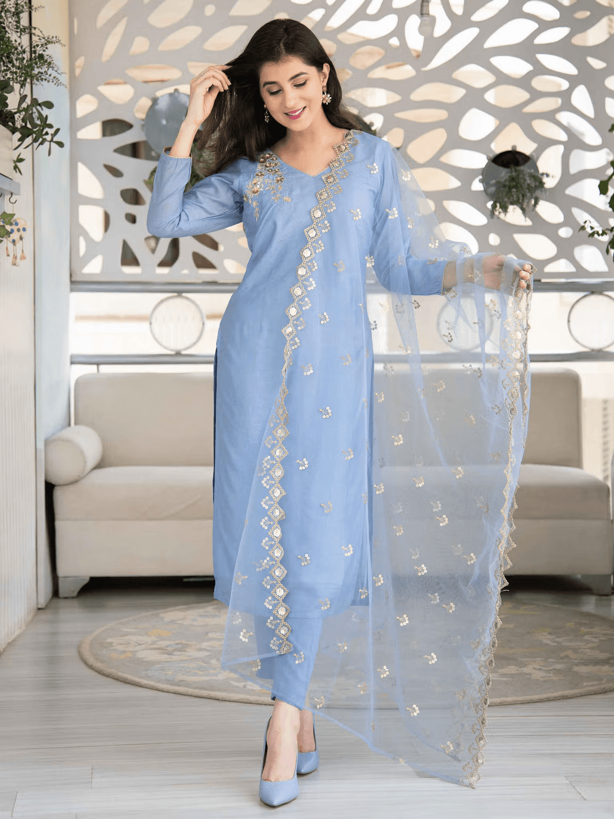 Embroidered Chanderi Kurta Pant Dupatta Set – Festive V - Neck Ethnic Outfit for Women - aromie