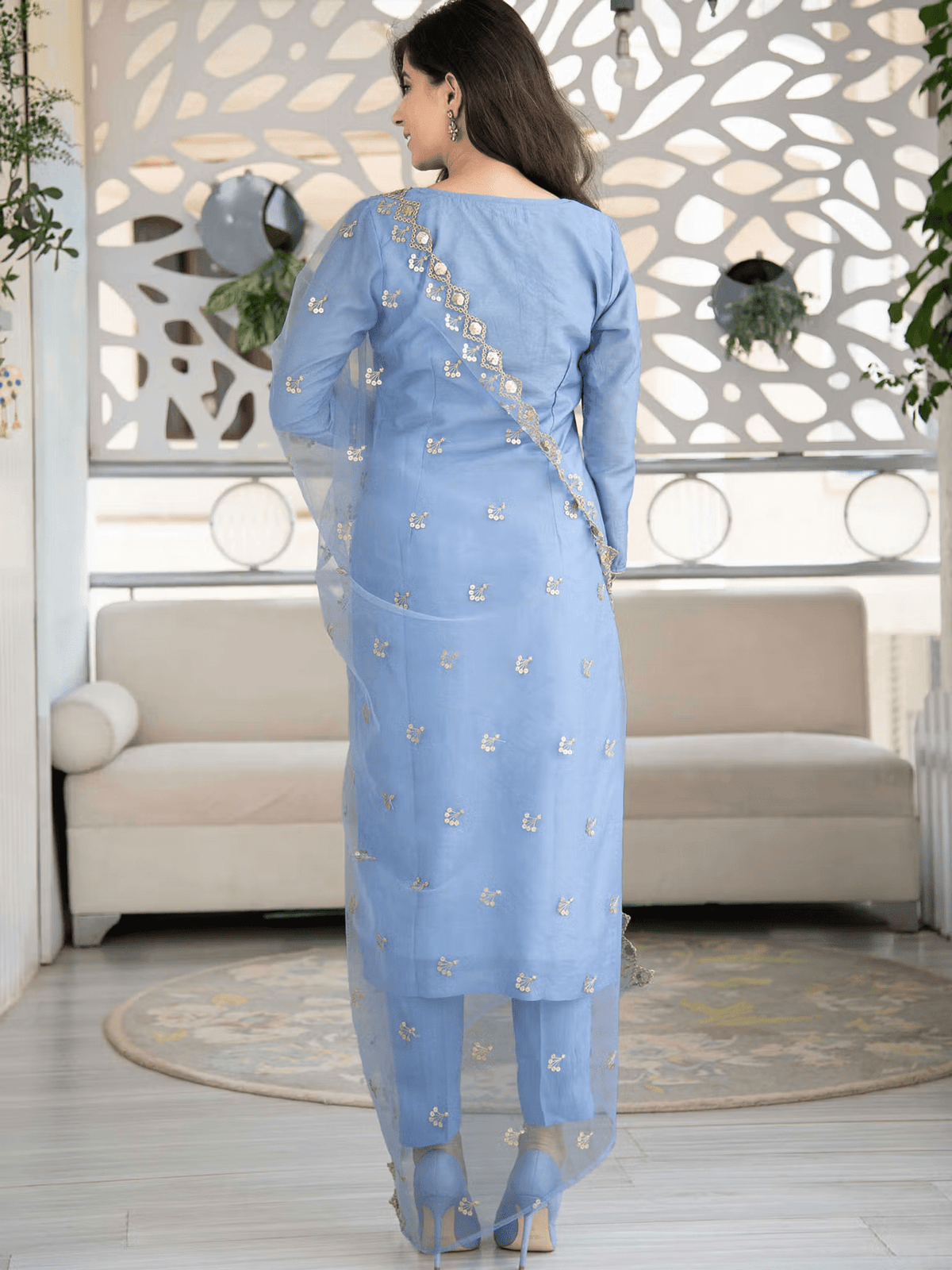 Embroidered Chanderi Kurta Pant Dupatta Set – Festive V - Neck Ethnic Outfit for Women - aromie