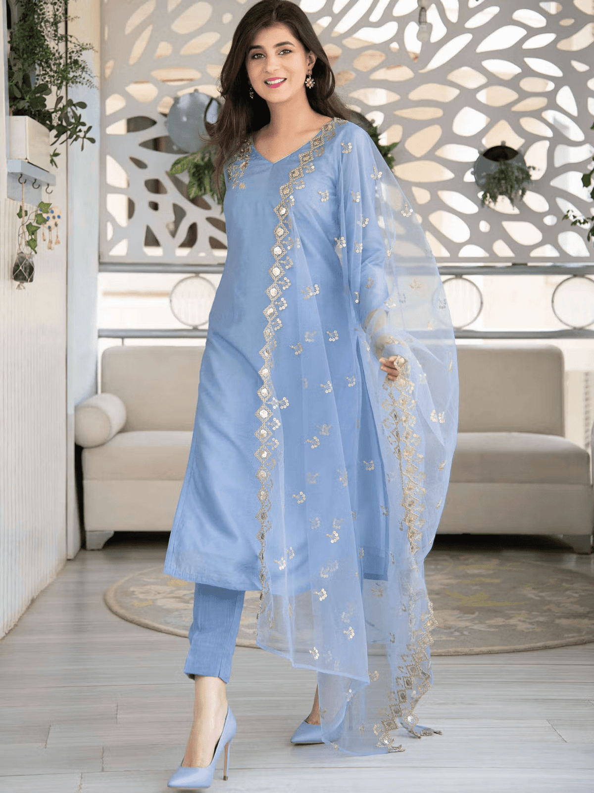 Embroidered Chanderi Kurta Pant Dupatta Set – Festive V - Neck Ethnic Outfit for Women - aromie