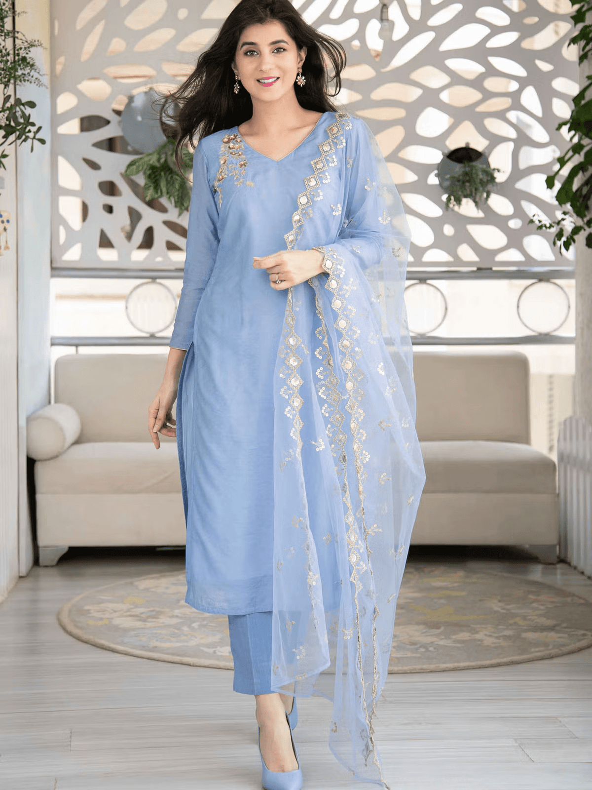 Embroidered Chanderi Kurta Pant Dupatta Set – Festive V - Neck Ethnic Outfit for Women - aromie