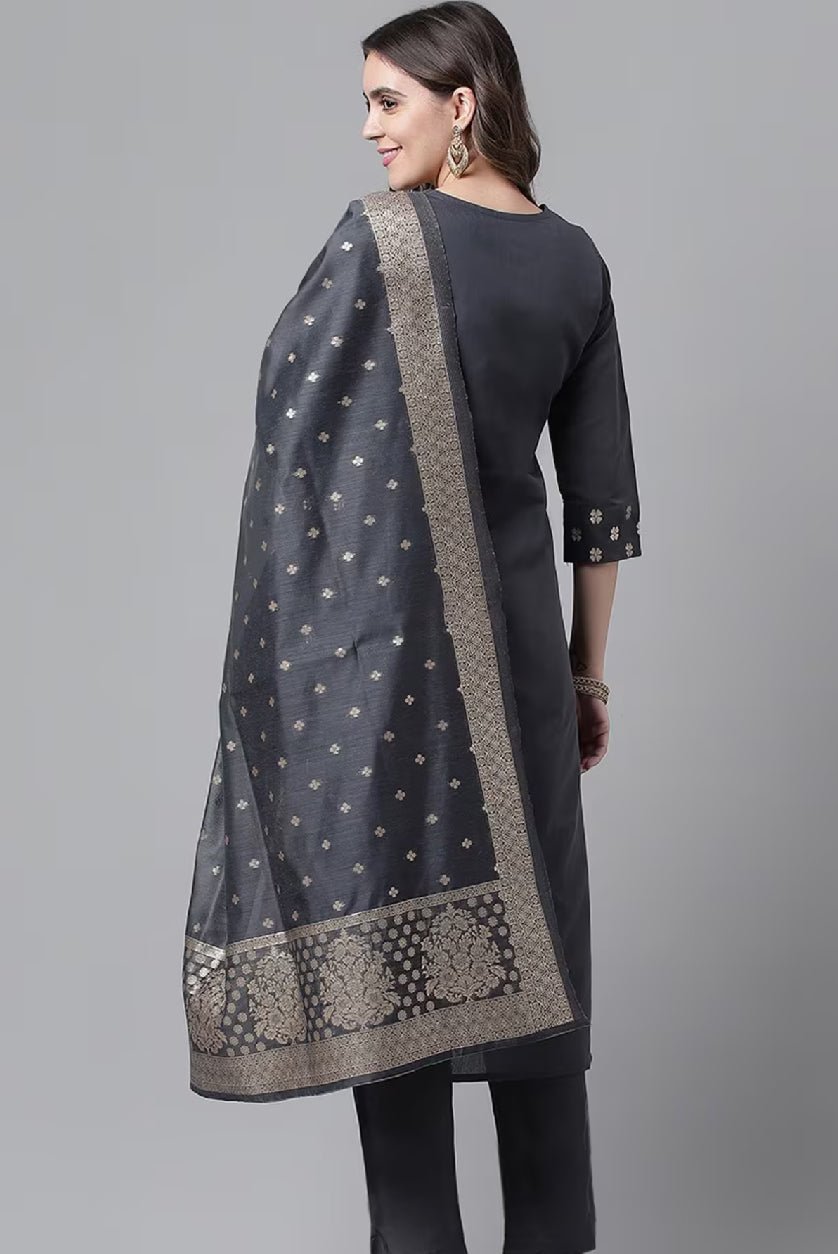 Elegant Embroidered Chanderi Kurta Set by Aromie in dark gray with intricate designs and matching dupatta